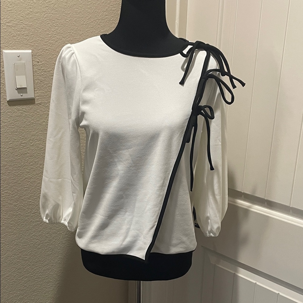 White Puff Sleeve Bow-Trim Top